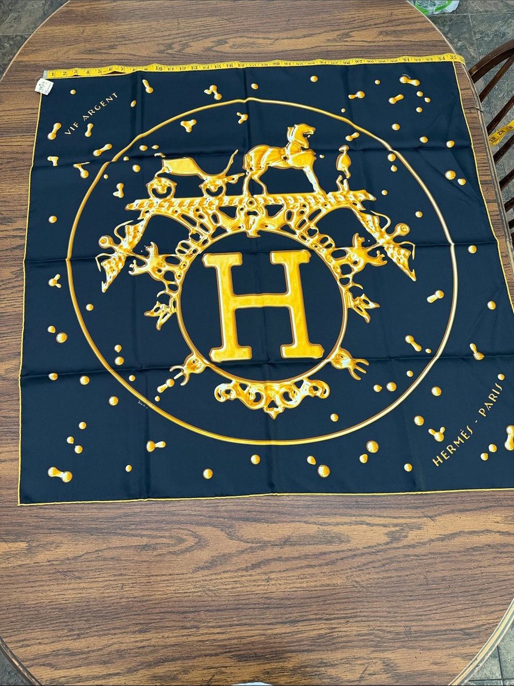 Hermes Navy and Gold 'H' Crest Silk Scarf